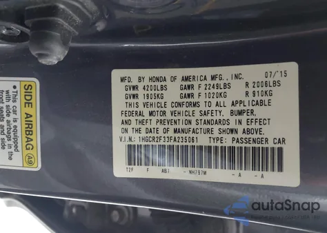 2015 Honda Accord Lx из США, поврежденный, VIN 1HGCR2F33FA235061